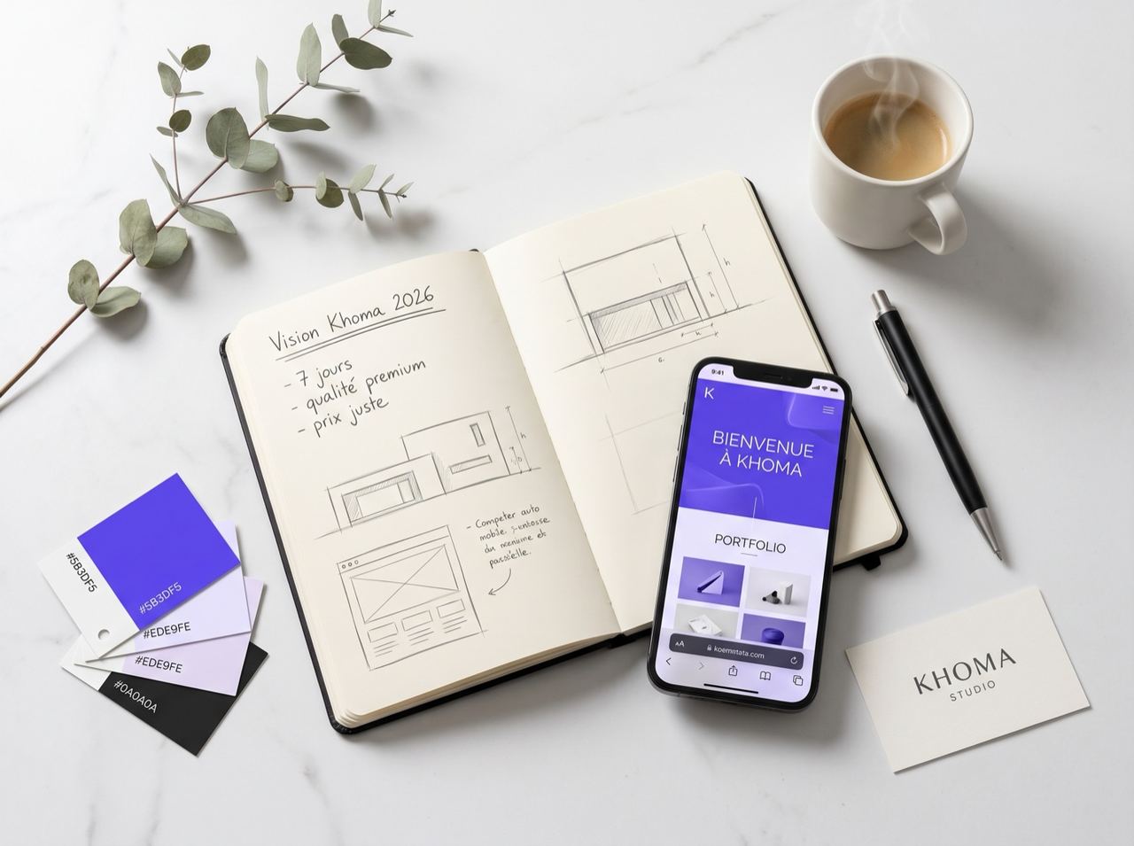 Vision Khoma 2026 · flat-lay Swiss premium avec moleskine, palette violet, smartphone et carte KHOMA STUDIO